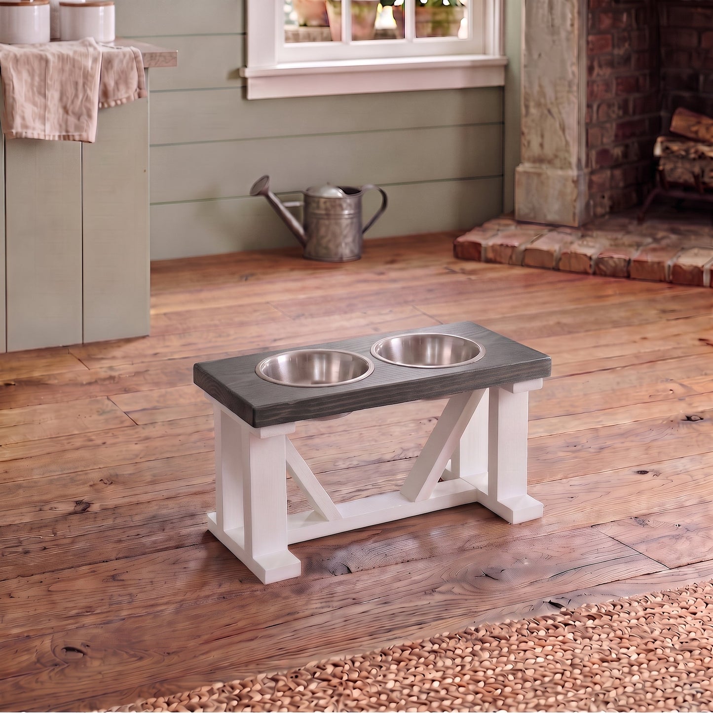 2 Bowl Elevated Dog Stand, Best Raised Dog Feeder with Stained Top - White Base BearwoodEssentials-Elevated Pet Feeders