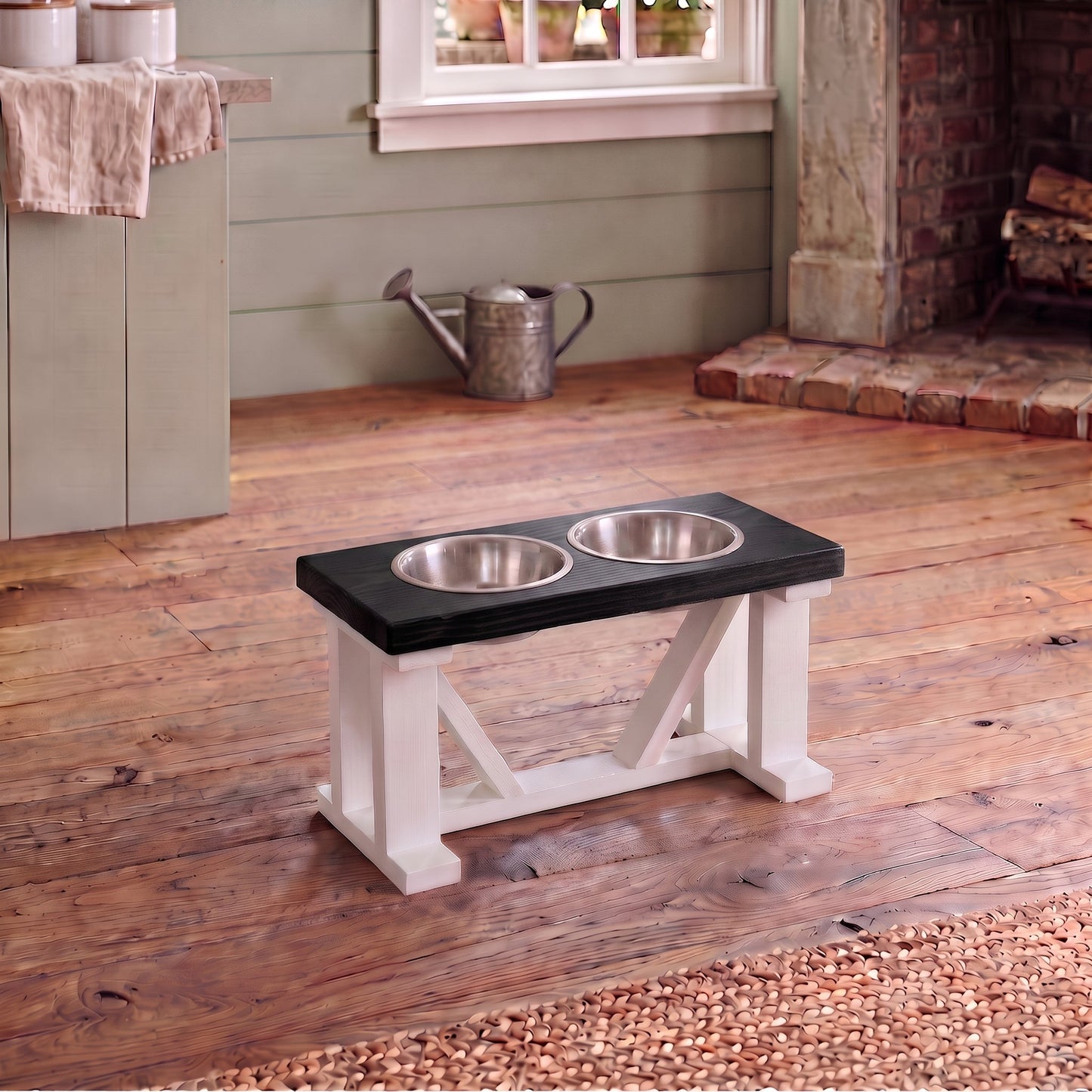 2 Bowl Elevated Dog Stand, Best Raised Dog Feeder with Stained Top - White Base BearwoodEssentials-Elevated Pet Feeders