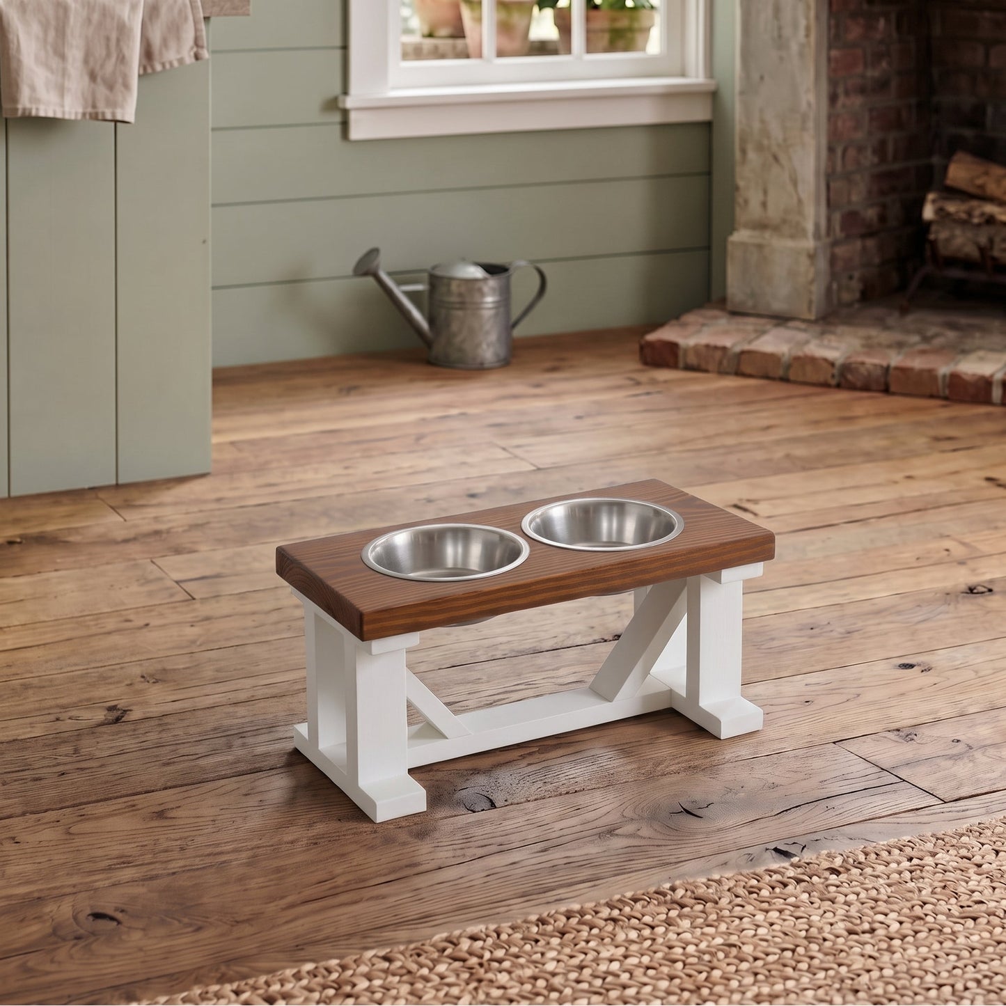 2 Bowl Elevated Dog Stand, Best Raised Dog Feeder with Stained Top - White Base BearwoodEssentials-Elevated Pet Feeders