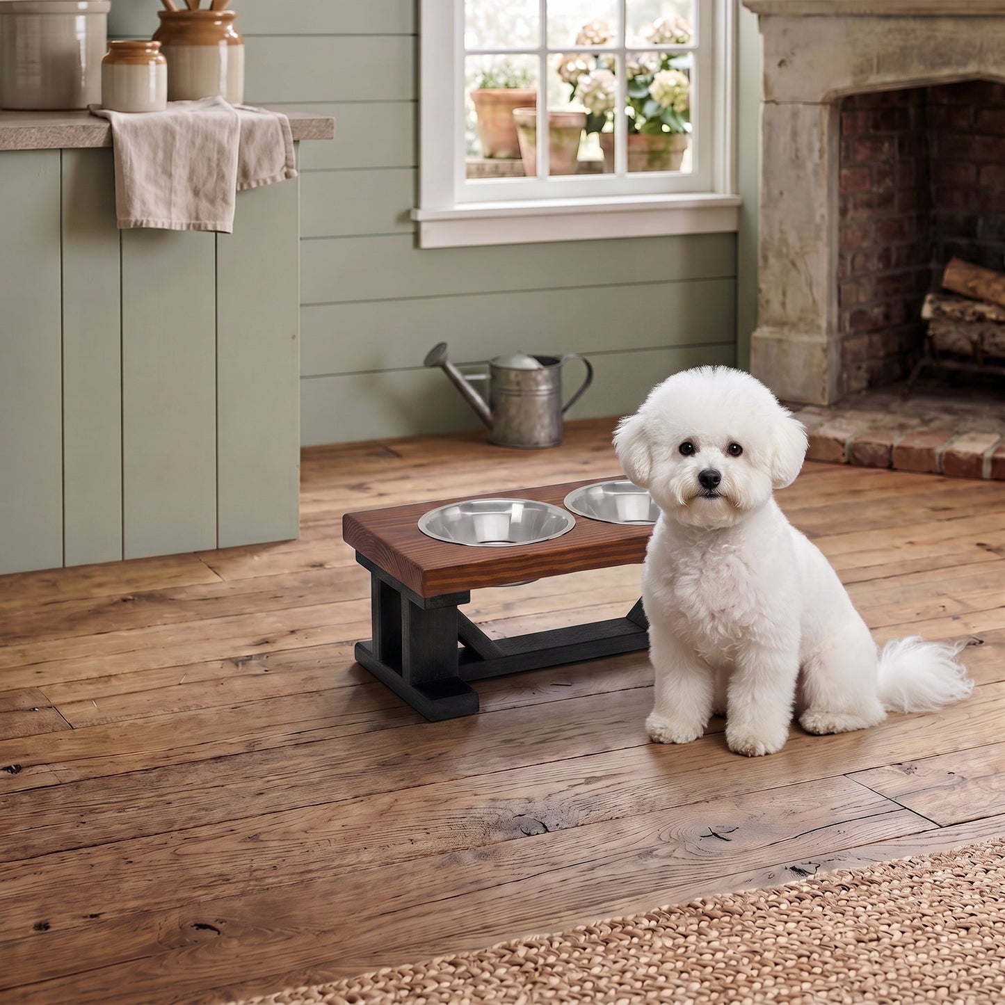 Elevated Dog Bowl, 2 Bowl Classic Farmhouse, Black Bases BearwoodEssentials-Elevated Pet Feeders