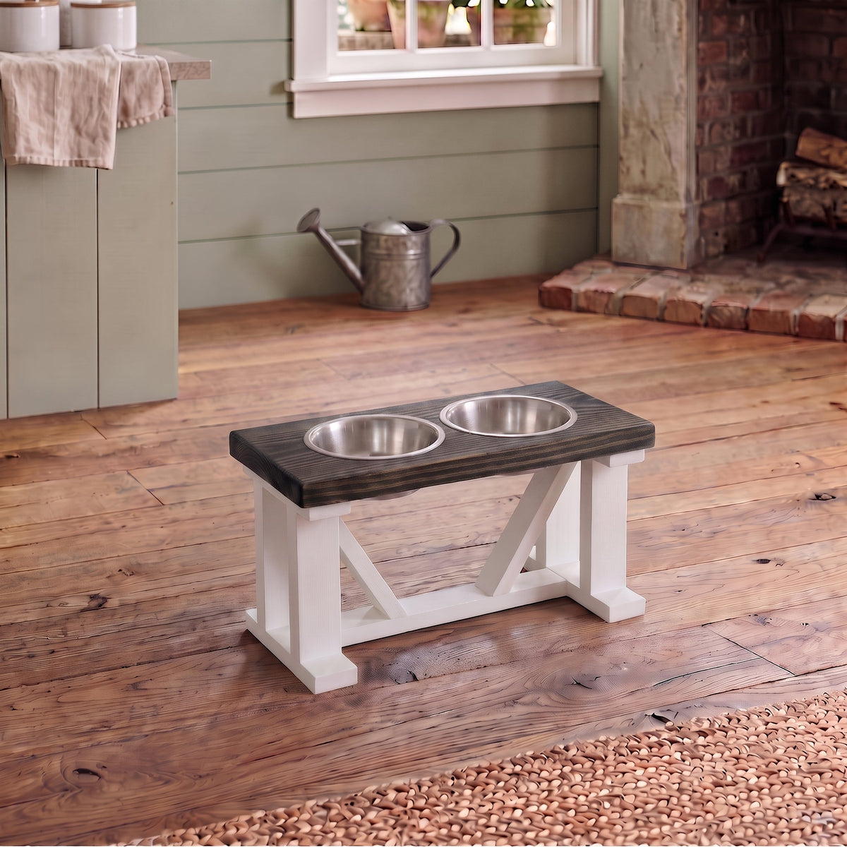 2 Bowl Elevated Dog Stand, Best Raised Dog Feeder with Stained Top - White Base BearwoodEssentials-Elevated Pet Feeders