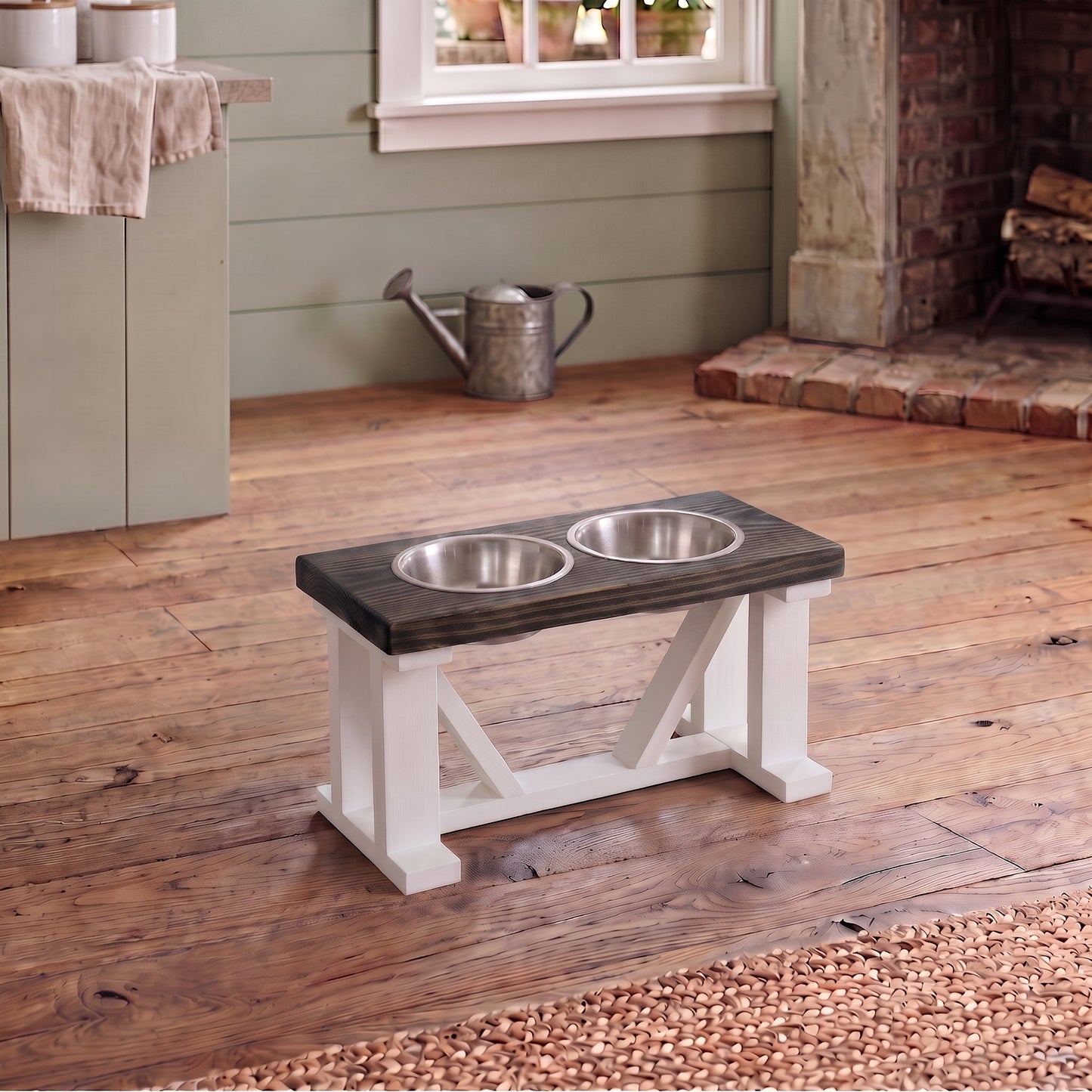 2 Bowl Elevated Dog Stand, Best Raised Dog Feeder with Stained Top - White Base BearwoodEssentials-Elevated Pet Feeders