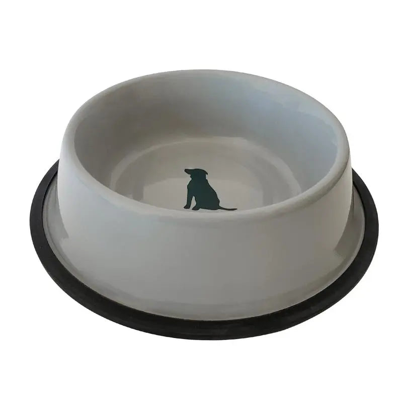 Non Skid Cool Gray Bowl with Teal Dog Design BearwoodEssentials-Elevated Pet Feeders