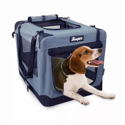 JESPET Soft Pet Crates Kennel, 3 Door Soft Sided Folding Travel Pet Carrier with Straps and Fleece Mat for Dogs, Cats, Rabbits, Indoor/Outdoor Use with Grey, Blue & Beige, Black BearwoodEssentials-Elevated Pet Feeders