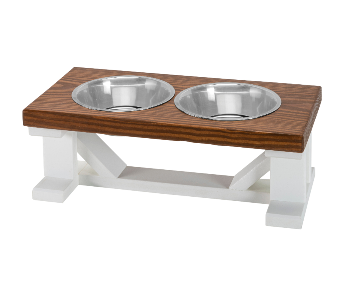 2 Bowl Elevated Dog Stand - Best Raised Dog Feeder with Stained Top - White Base