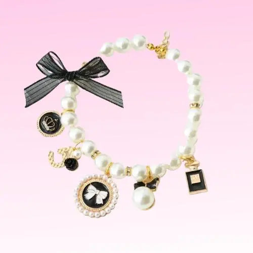 Pearls and Bow Charm Necklace BearwoodEssentials-Elevated Pet Feeders