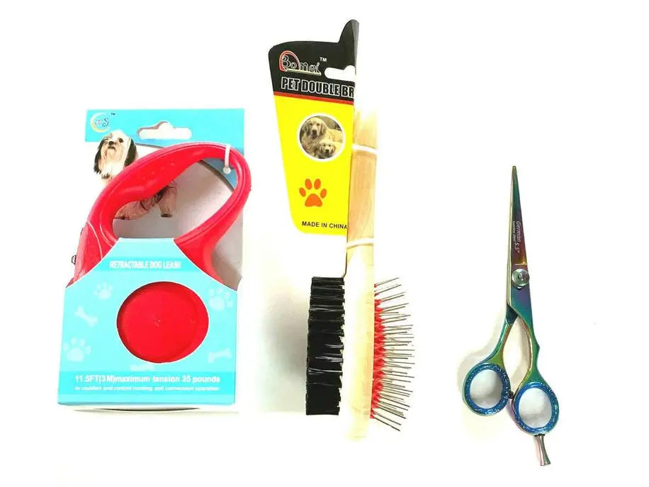 Retractable Dog Leash Double Brush Grooming Hair Scissors Complete Gift Set BearwoodEssentials-Elevated Pet Feeders