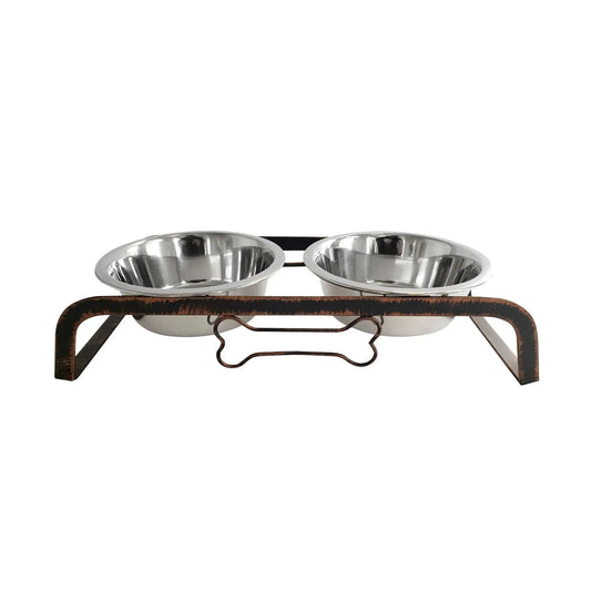 Rustic Dog Bone Feeder with 2 Stainless Steel Dog Bowls American Pet Supplies