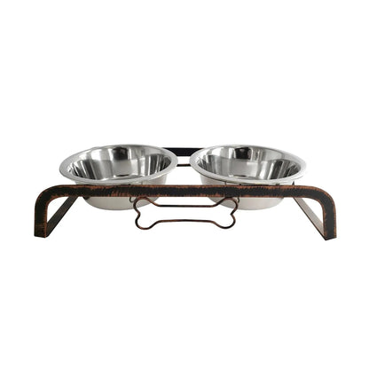 Rustic Dog Bone Feeder with 2 Stainless Steel Dog Bowls American Pet Supplies