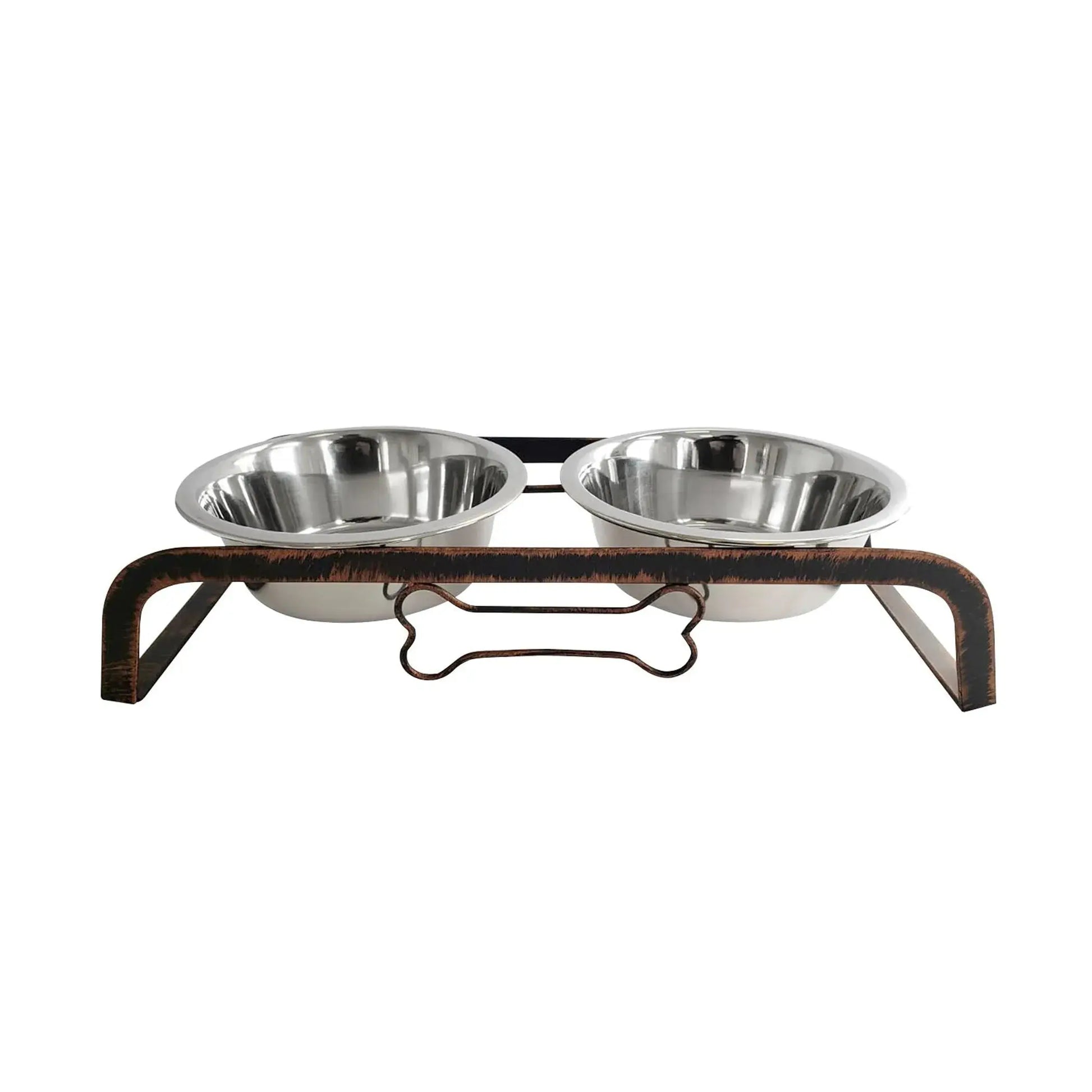 Rustic Dog Bone Feeder with 2 Stainless Steel Dog Bowls American Pet Supplies