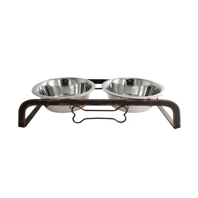 Rustic Dog Bone Feeder with 2 Stainless Steel Dog Bowls BearwoodEssentials-Elevated Pet Feeders