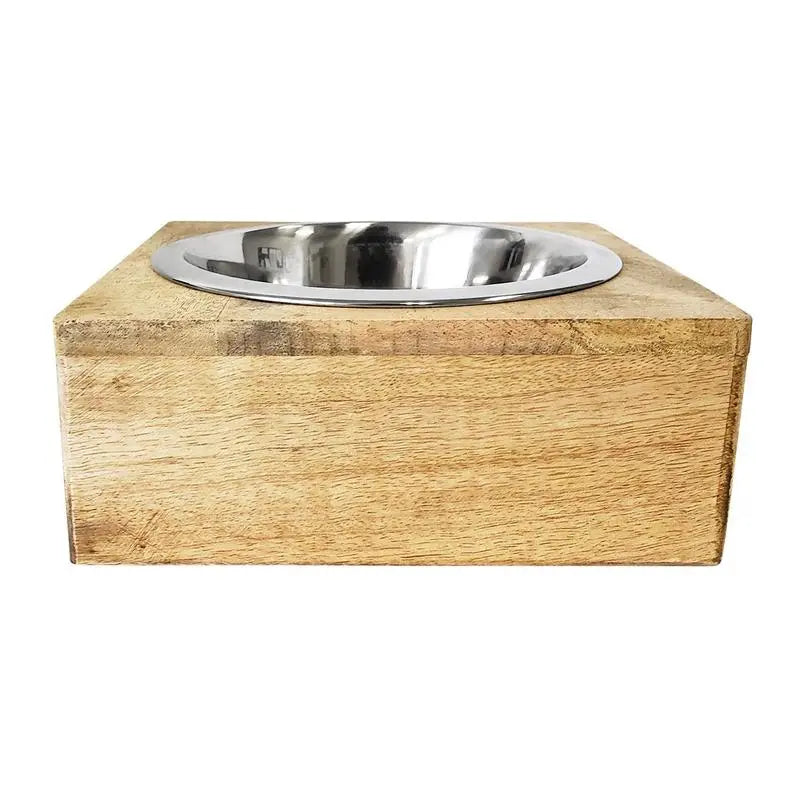 Stainless Steel Dog Bowl with Square Mango Wood Holder BearwoodEssentials-Elevated Pet Feeders