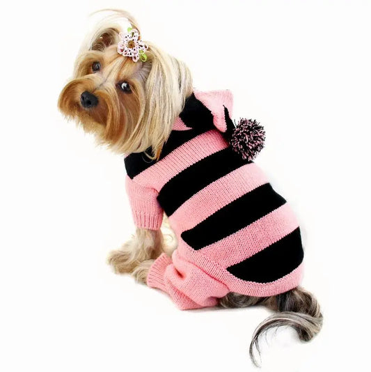 Stripy Bodysuit with Long Hoodie and Pompom BearwoodEssentials-Elevated Pet Feeders
