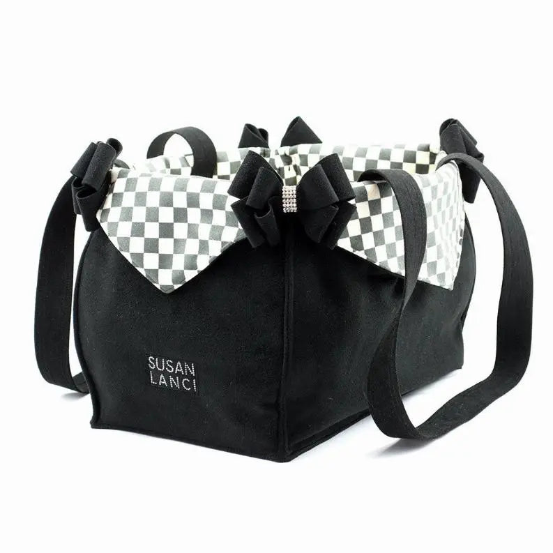 Susan Lanci Designs Black Double Nouveau Bow Luxury Carrier with Windsor Check Flaps BearwoodEssentials-Elevated Pet Feeders