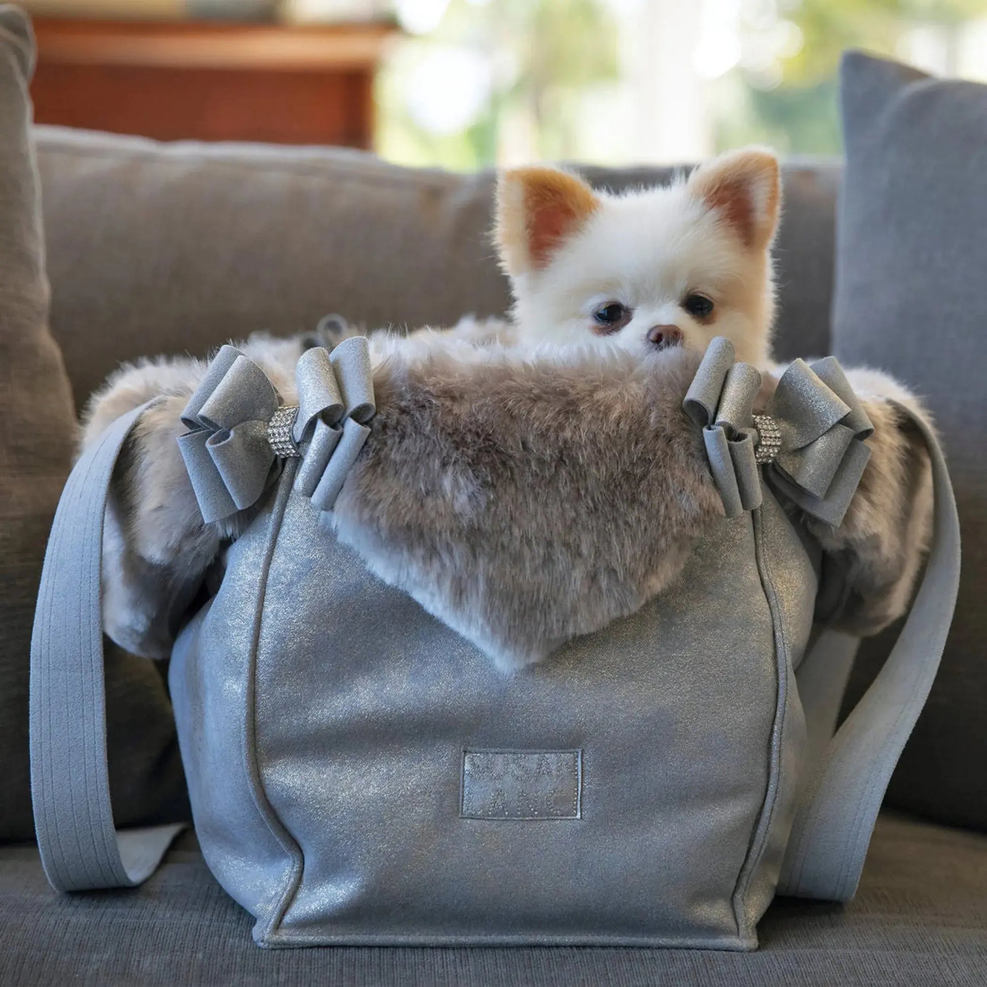 Susan Lanci Designs Platinum Glitzerati Double Nouveau Bow Luxury Carrier with Fur Trim Susan Lanci Designs
