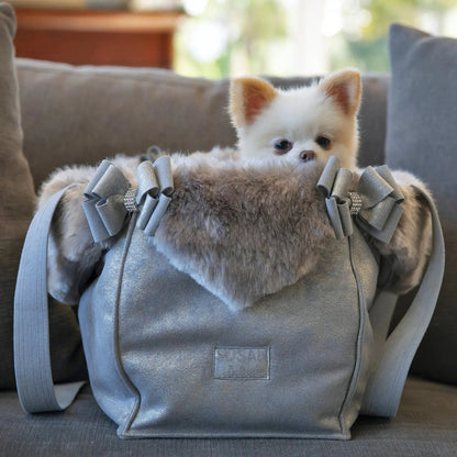 Susan Lanci Designs Platinum Glitzerati Double Nouveau Bow Luxury Carrier with Fur Trim Susan Lanci Designs