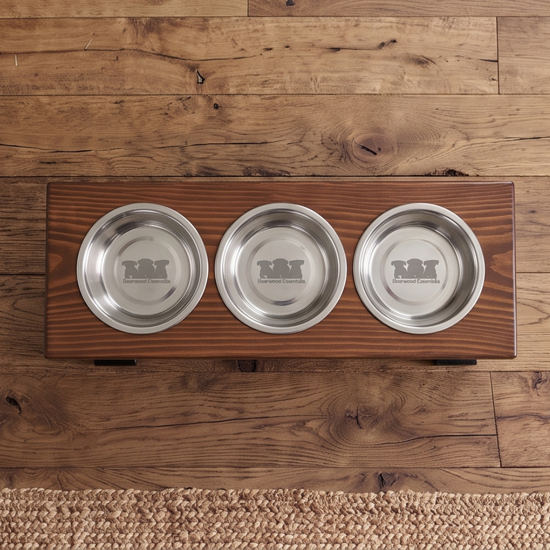 3 Bowl Elevated Regular Feeder - New Design - Black Base BearwoodEssentials-Elevated Pet Feeders