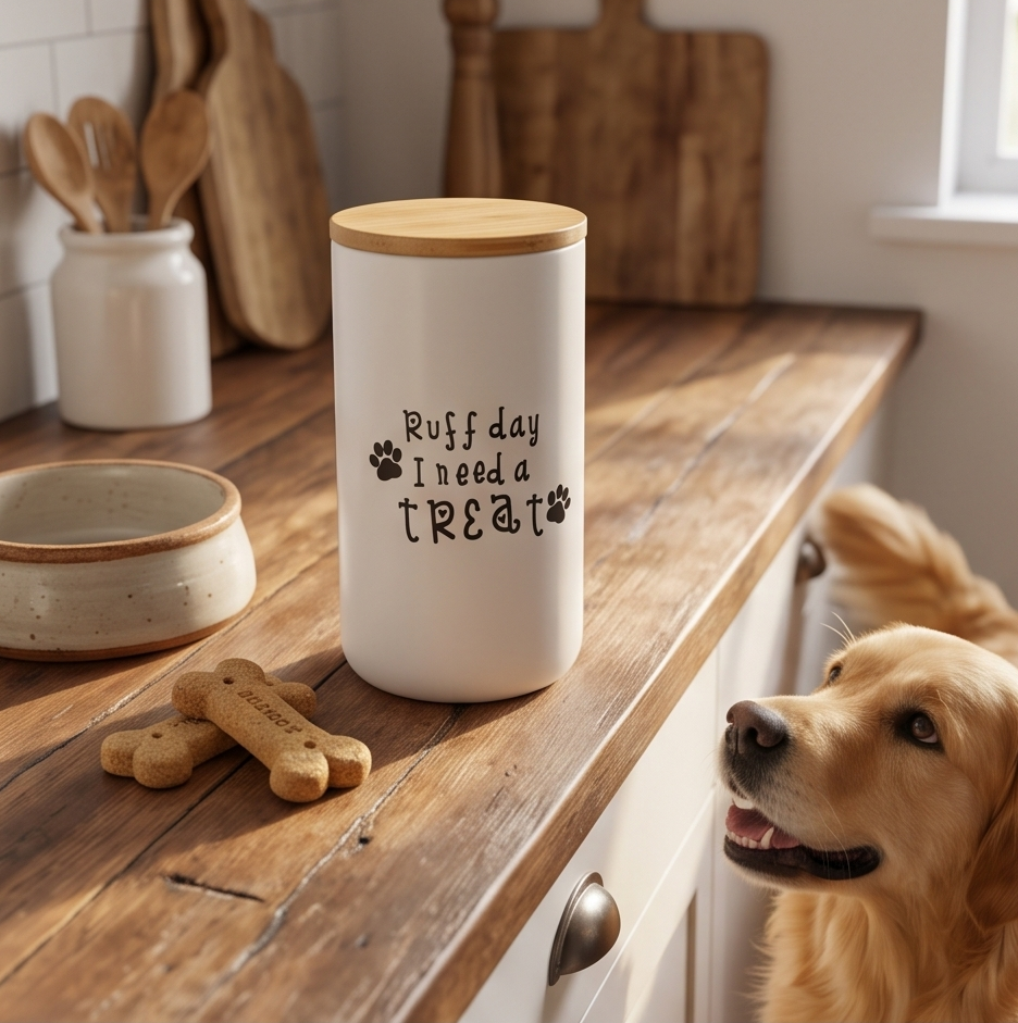 Bamboo Lid Personalized Ceramic Treat Jar - Dog Treat Container BearwoodEssentials-Elevated Pet Feeders
