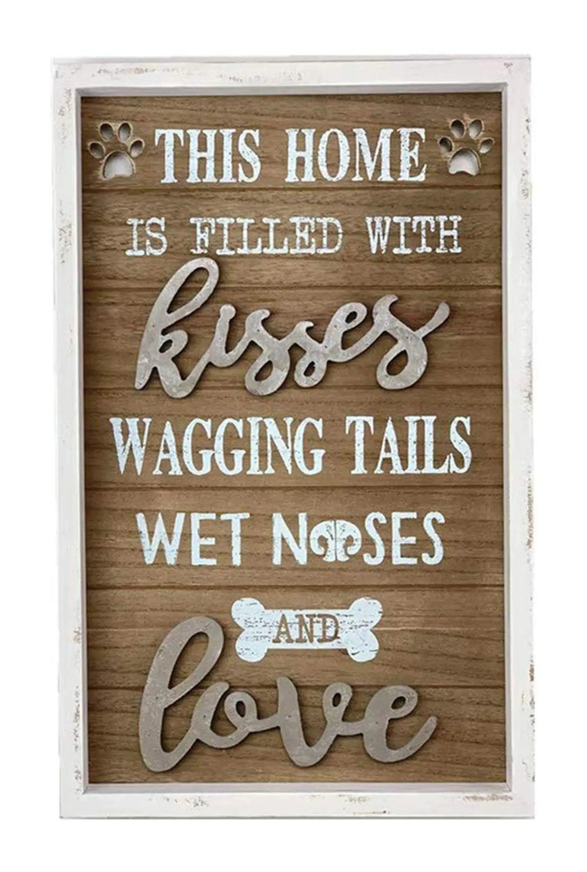 Vintage Wood Framed Wall Plaque with Dog Quote - This Home is Filled with Kisses Wagging Tails Wet Noses and Love- Farmhouse Rustic Wood Dog Sign Home Decor- 12" W X 19" H Paris Loft Inc