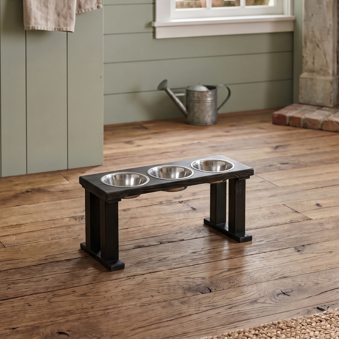 3 Bowl Elevated Regular Feeder - New Design - Black Base BearwoodEssentials-Elevated Pet Feeders