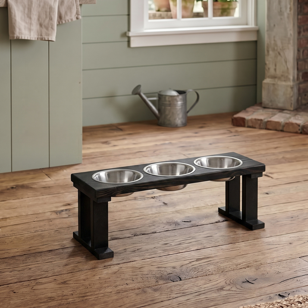 3 Bowl Elevated Regular Feeder - New Design - Black Base BearwoodEssentials-Elevated Pet Feeders