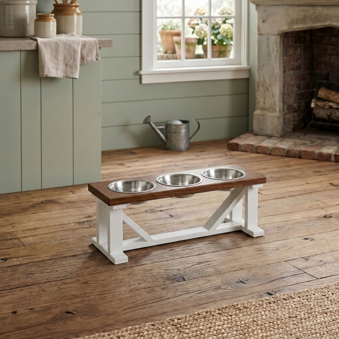 3 Bowl Dog Feeder and Stand Best Triple Diner Feeder For Your Pet - White Base BearwoodEssentials-Elevated Pet Feeders