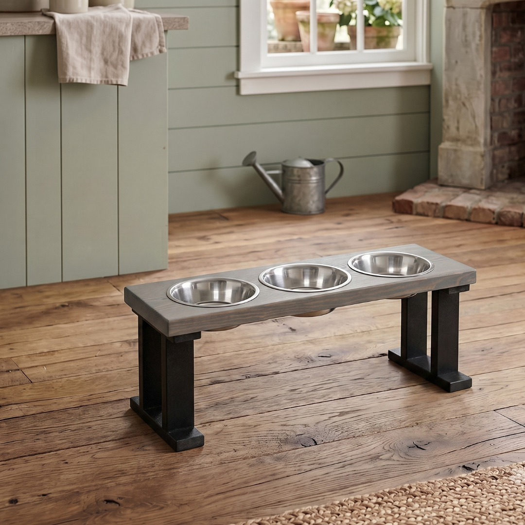 3 Bowl Elevated Regular Feeder - New Design - Black Base BearwoodEssentials-Elevated Pet Feeders