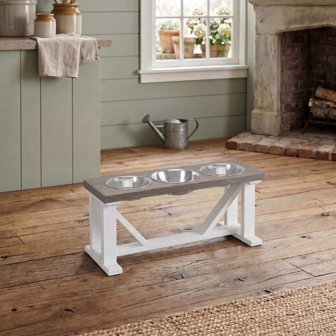 3 Bowl Dog Feeder and Stand Best Triple Diner Feeder For Your Pet - White Base BearwoodEssentials-Elevated Pet Feeders