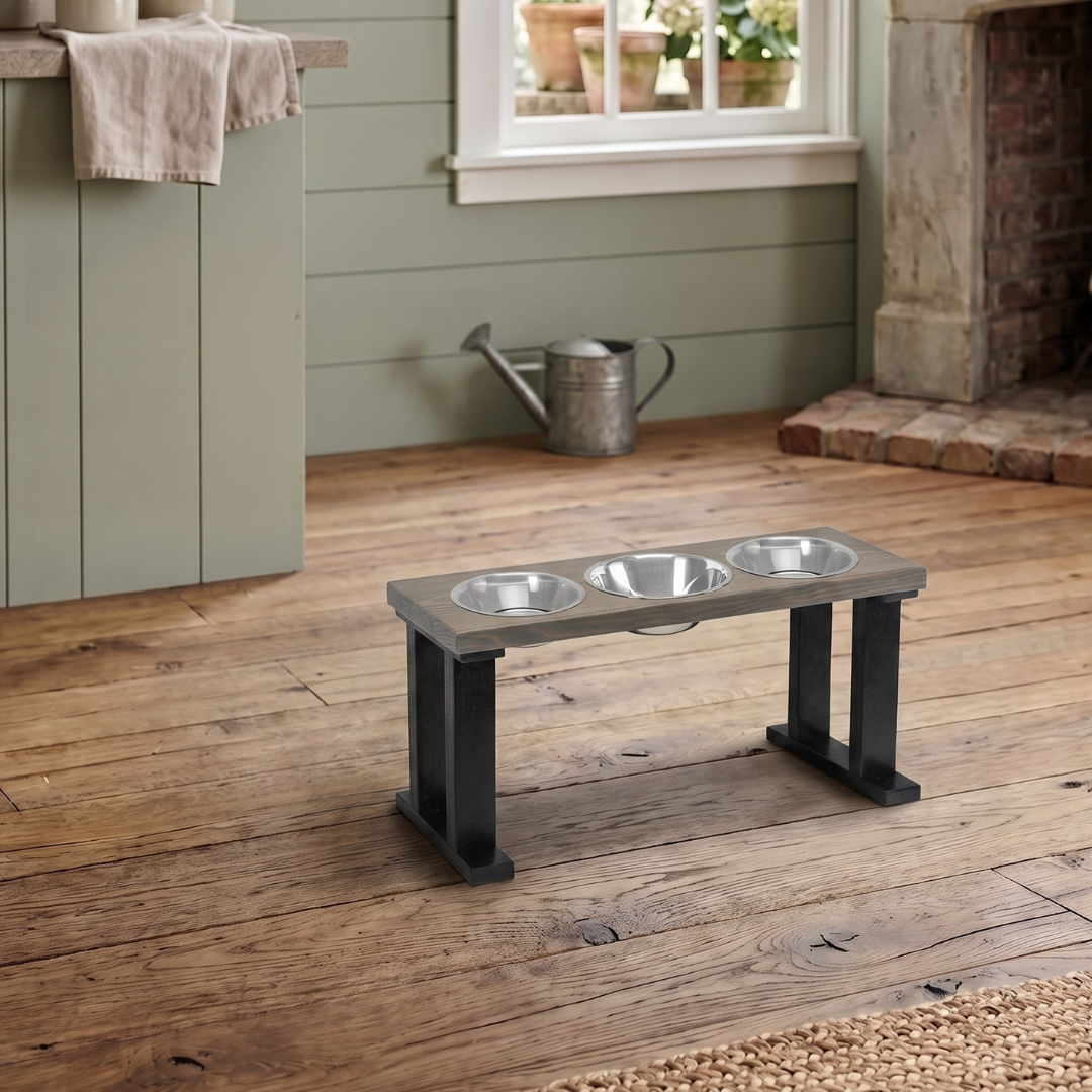 3 Bowl Elevated Regular Feeder - New Design - Black Base BearwoodEssentials-Elevated Pet Feeders